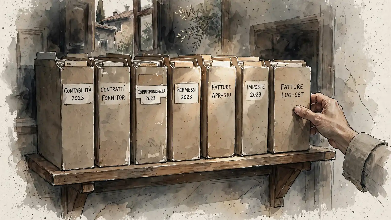 Scaffale d'archivio con cartelline etichettate in un ufficio italiano.