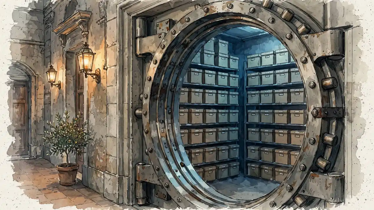 Porta di una cassaforte aperta con faldoni di documenti all'interno.